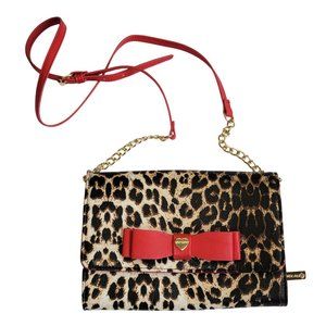 Betsey Johnson Leopard Print & Red Purse with Gold Metal Link & Belted Red Strap